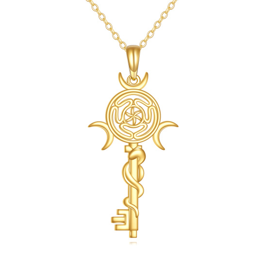 10K Gold Key & Triple Moon Goddess Pendant Necklace