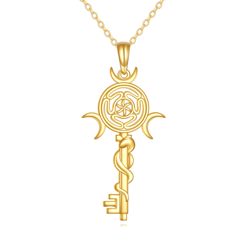 10K Gold Key & Triple Moon Goddess Pendant Necklace-1
