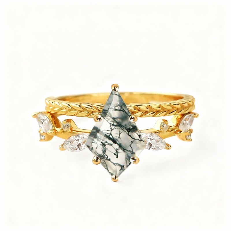 10K Gold 1 to 6 CT Kite Cut Leaves Moss Agate Natural Inspired Bridal Set Engagement Ring-1