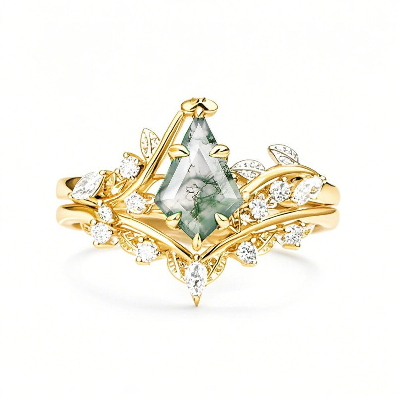 Bague de fiançailles en argent sterling plaqué or jaune avec agate mousse taillée en forme de cerf-volant-1
