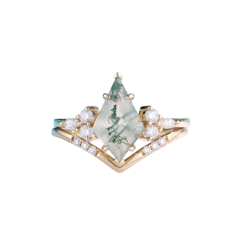 Anillo de compromiso de plata de ley con ágata musgosa bañada en oro amarillo y grabado personalizado.-18