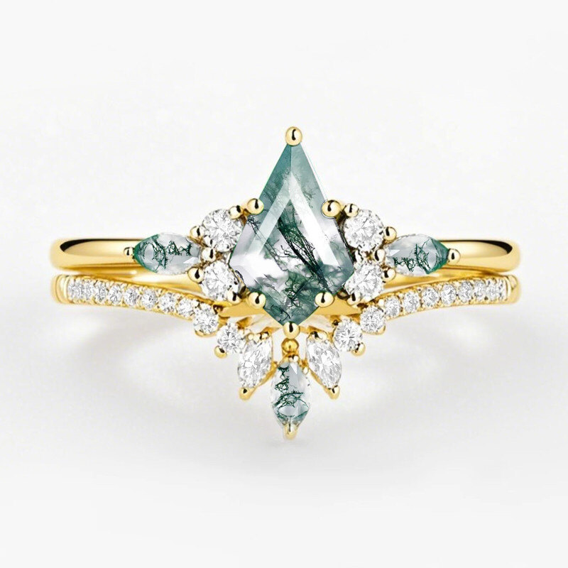 Anillo de compromiso de ágata musgosa talla cometa en oro de 14 quilates-1