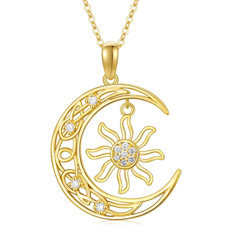 Collar de oro de 18 quilates con diamantes creados en laboratorio, nudo celta, luna y sol para mujer-1