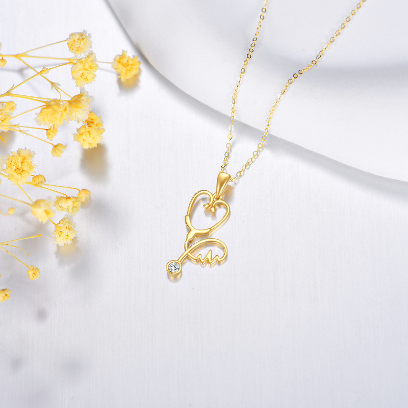14K Gold Laboratory Diamonds Electrocardiogram & Stethoscope Pendant Necklace-3