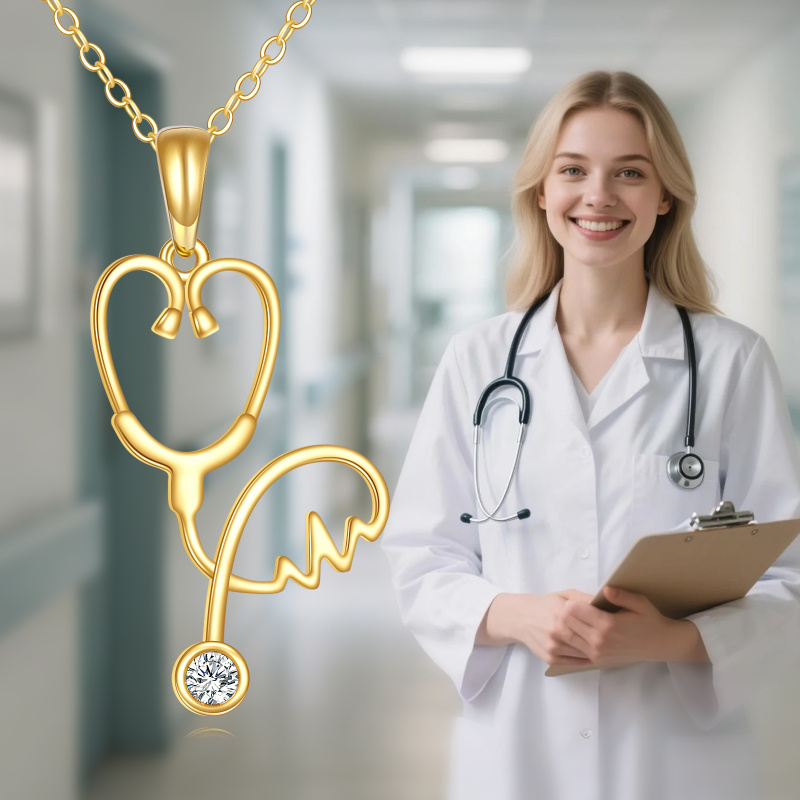 14K Gold Laboratory Diamonds Electrocardiogram & Stethoscope Pendant Necklace-5