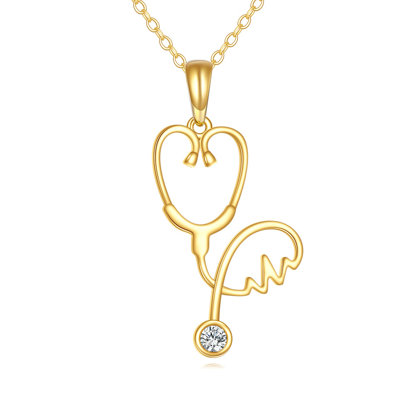 14K Gold Laboratory Diamonds Electrocardiogram & Stethoscope Pendant Necklace-1