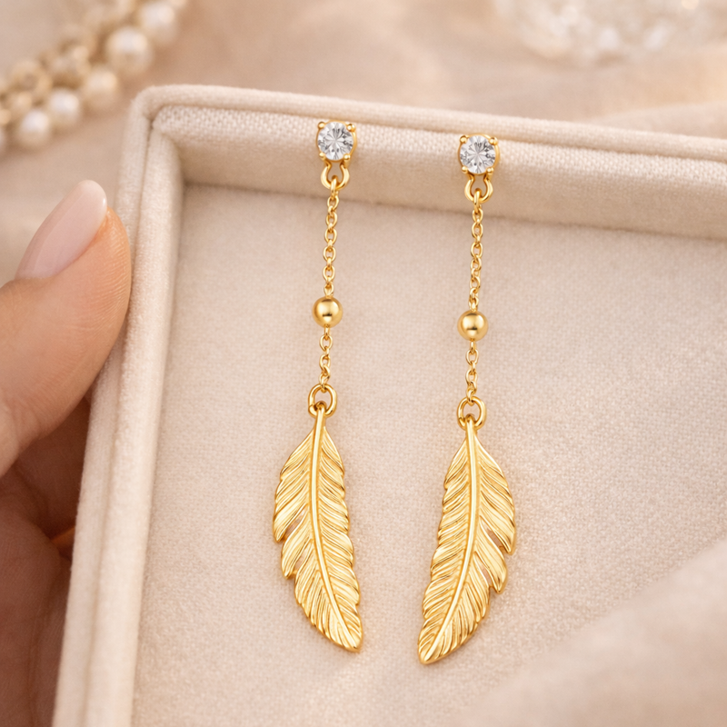 10K Gold Laboratory Diamonds Feather Drop Earrings-3