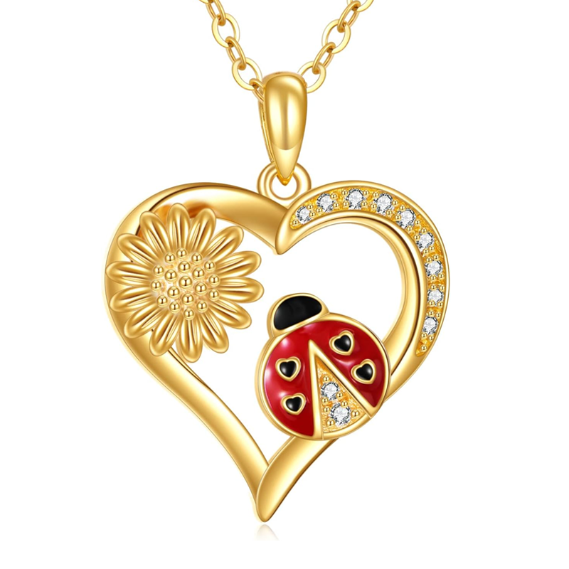 Collar de oro de 14 quilates con forma de corazón de mariquita y flores silvestres para mujer-1
