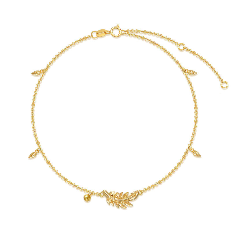 Tobillera de cadena sencilla con hojas, cuentas y plumas de oro de 18 quilates-1
