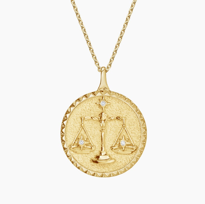 Halskette mit Diamant-Medaillon-Anhänger aus 10 Karat Gold mit Sternzeichen Waage-1