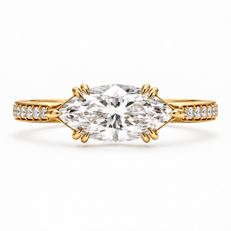 Anillo de compromiso personalizado de oro de 14 quilates con diamante cultivado en laboratorio talla marquesa, claridad VVS1/VS1, certificado por IGI 3EX.-1