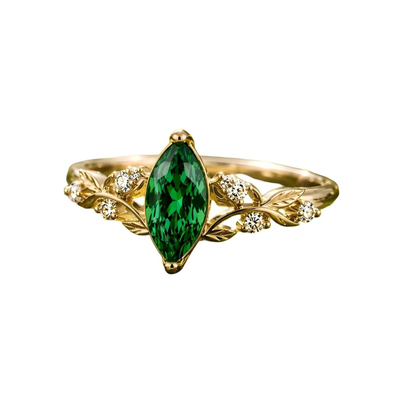 Anillo de compromiso de oro de 10 quilates con esmeralda talla marquesa cultivada en laboratorio y diamante cultivado en laboratorio, inspirado en la naturaleza.-3