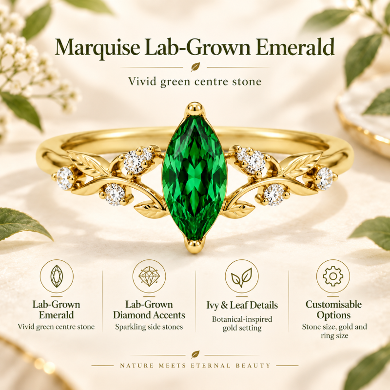 Anillo de compromiso de oro de 10 quilates con esmeralda talla marquesa cultivada en laboratorio y diamante cultivado en laboratorio, inspirado en la naturaleza.-5