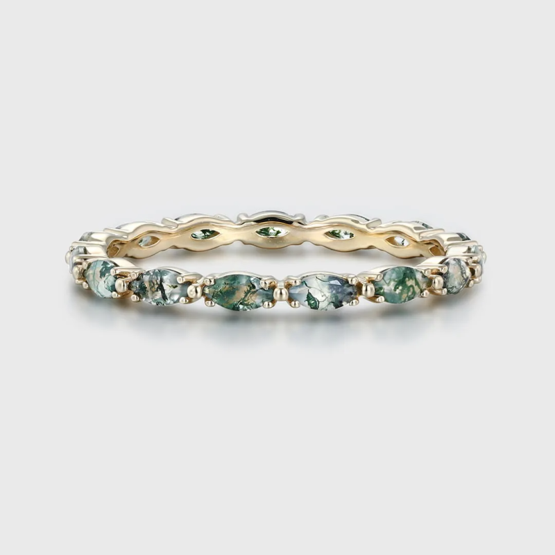 Sterling Silver with Yellow Gold Plated Marquise Cut Moss Agate Wedding Ring-2