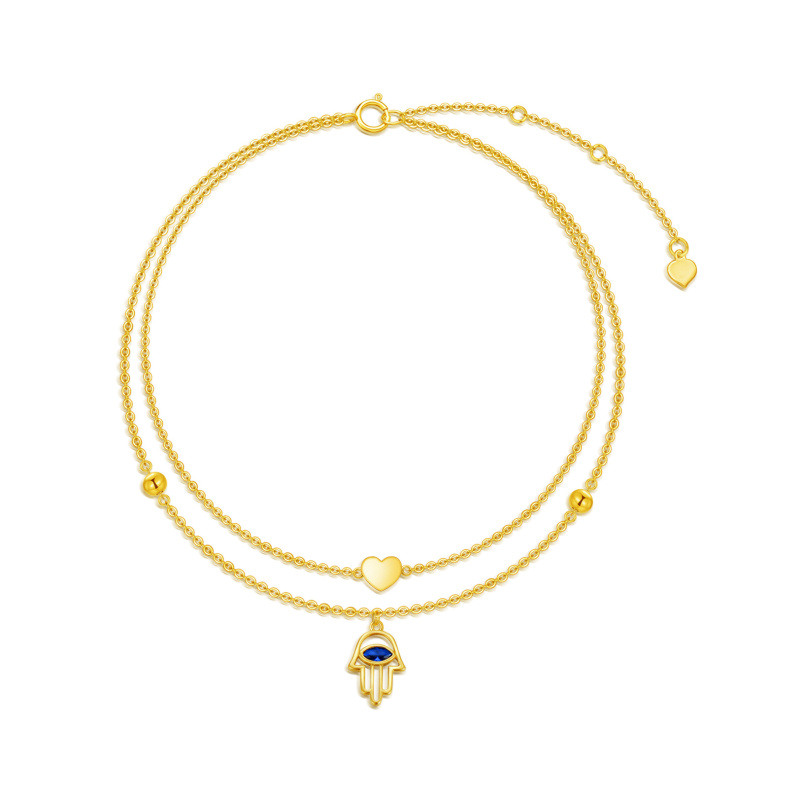 18K Gold Marquise Shaped Cubic Zirconia Hamsa Hand & Heart Multi-layered Anklet-1