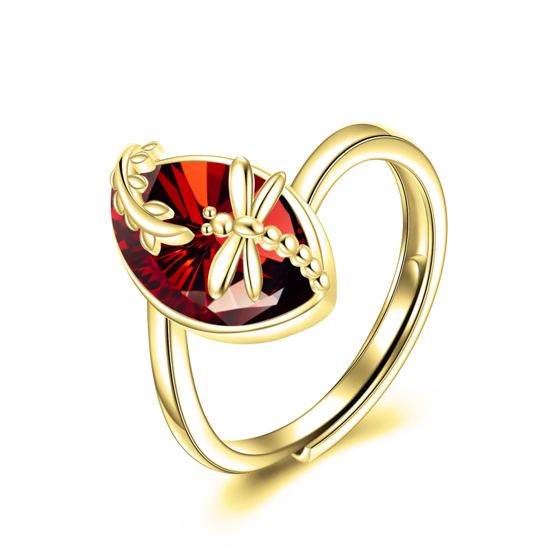 Anillo abierto con libélula y granate en forma de marquesa, oro 10K-1