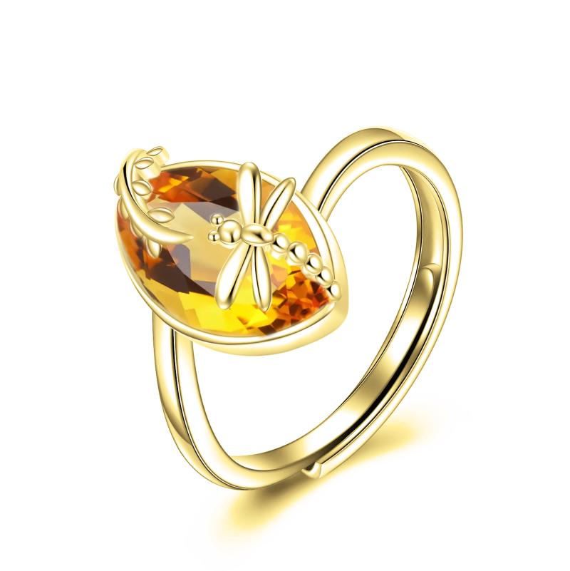 Anello aperto con libellula e topazio a forma di marquise in oro 10K-17