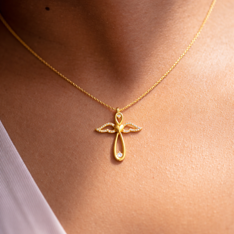 Collar colgante de oro de 14 quilates con ala de ángel de moissanita para mujer-2