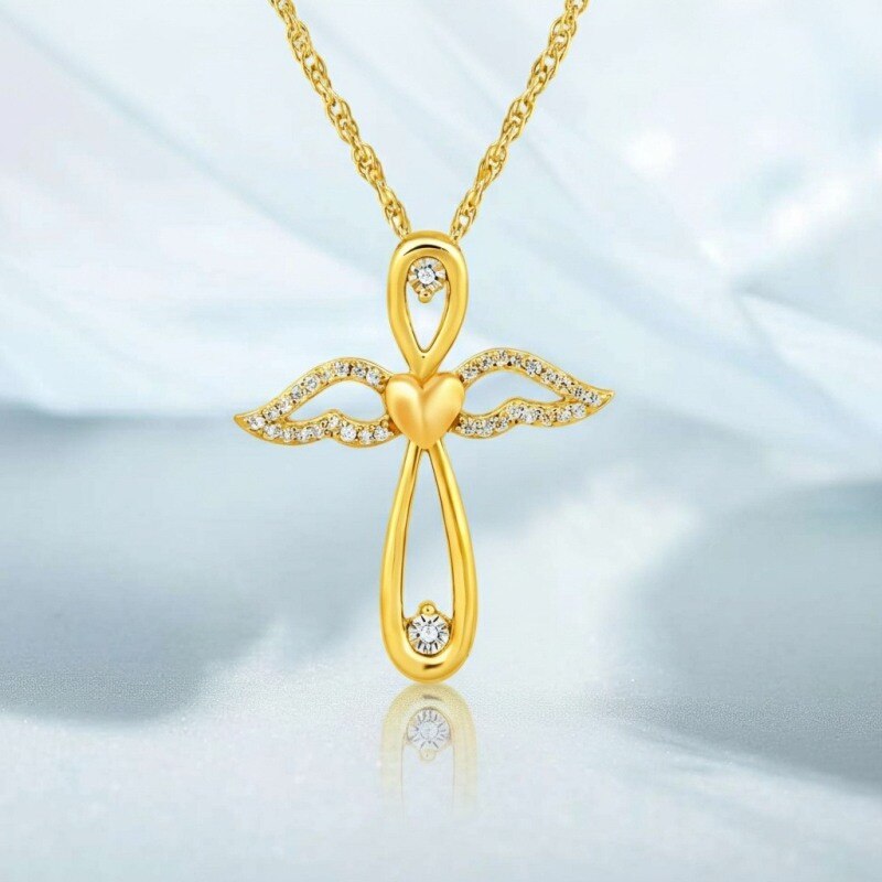 Collar colgante de oro de 14 quilates con ala de ángel de moissanita para mujer-4