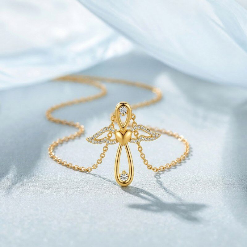 Collar colgante de oro de 14 quilates con ala de ángel de moissanita para mujer-5