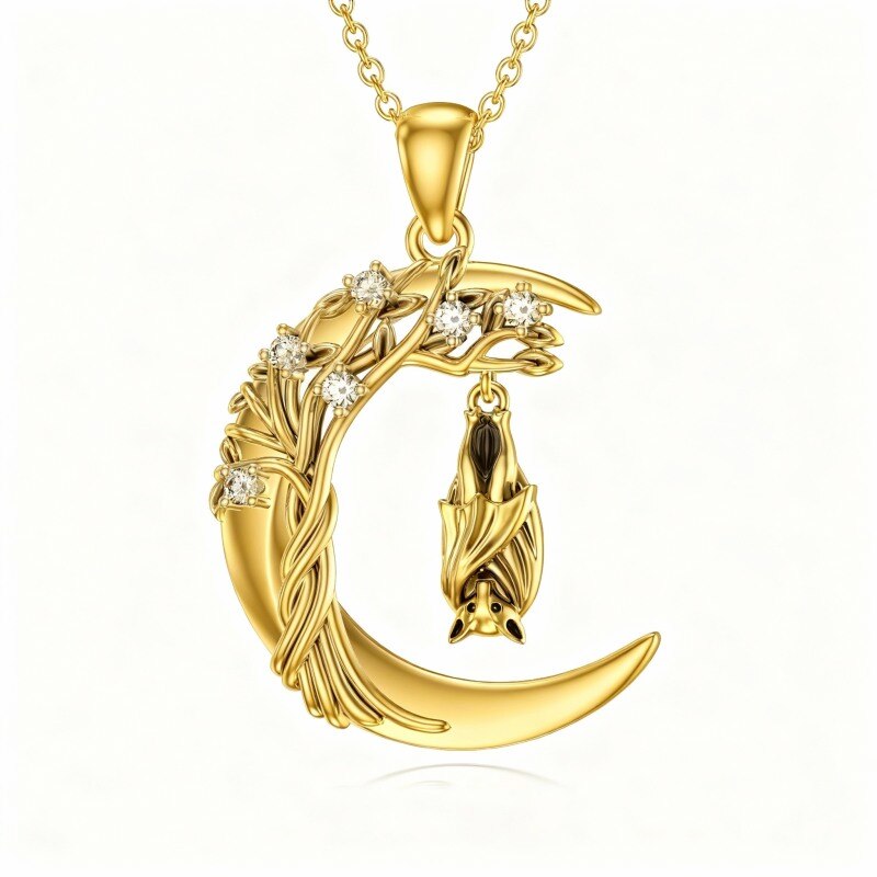 Collier pendentif chauve-souris et lune en moissanite et or 14 carats-1