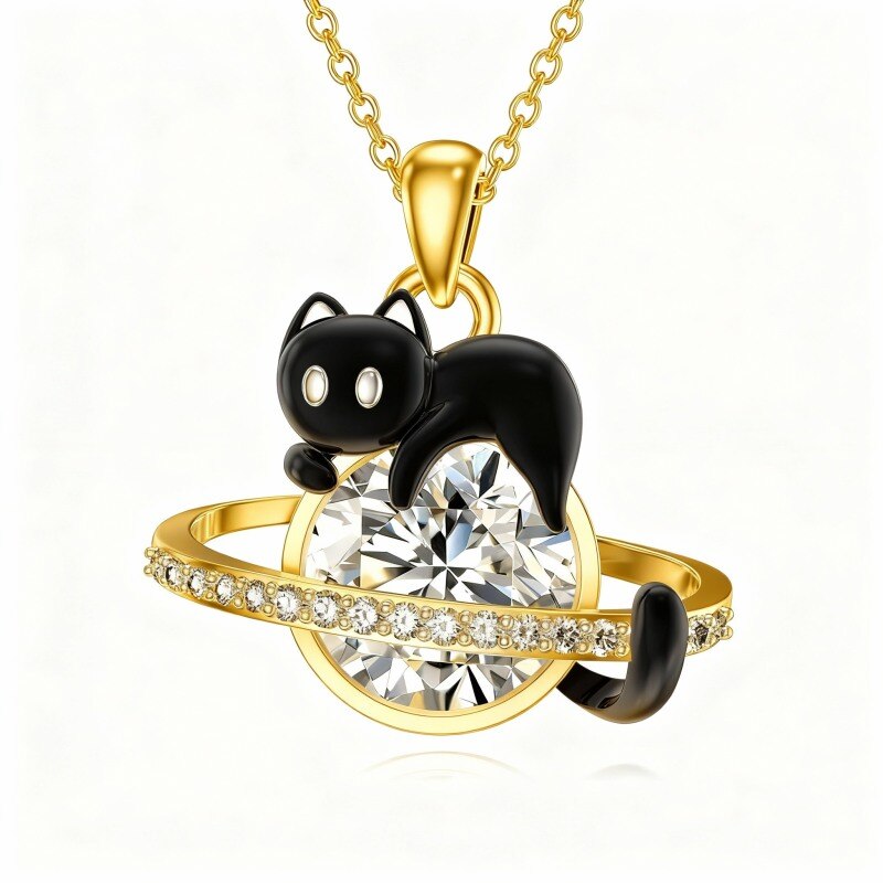 Collier pendentif chat et planète en or 9 carats et moissanite-1