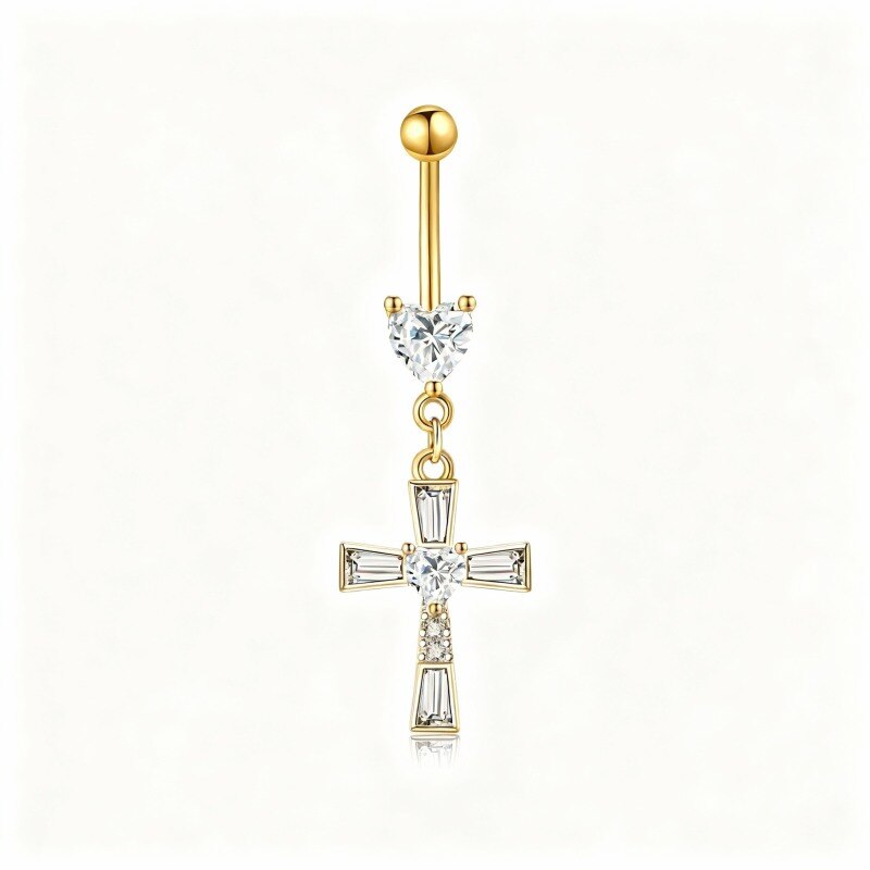 18K Gold Moissanite Cross Belly Button Ring-1