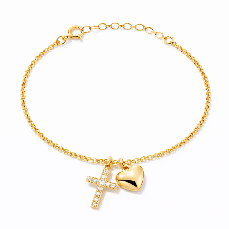 Pulsera con dije de cruz y corazón de moissanita en oro de 14 quilates-1