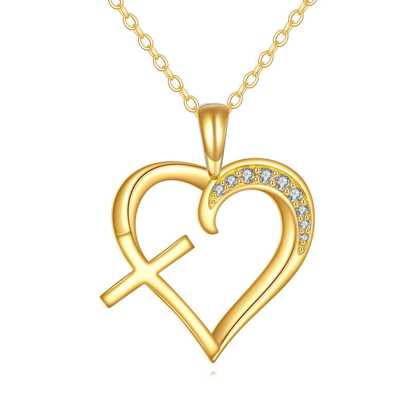 Collier pendentif croix et cœur en or 10 carats et moissanite-1