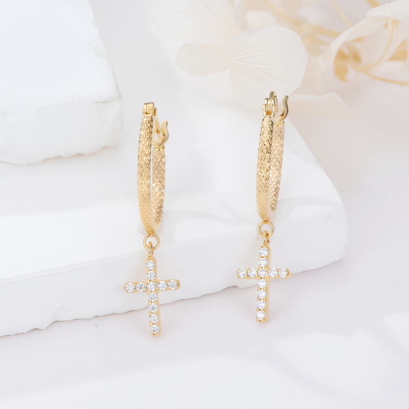 18K Gold Moissanite Cross Hoop Earrings-3