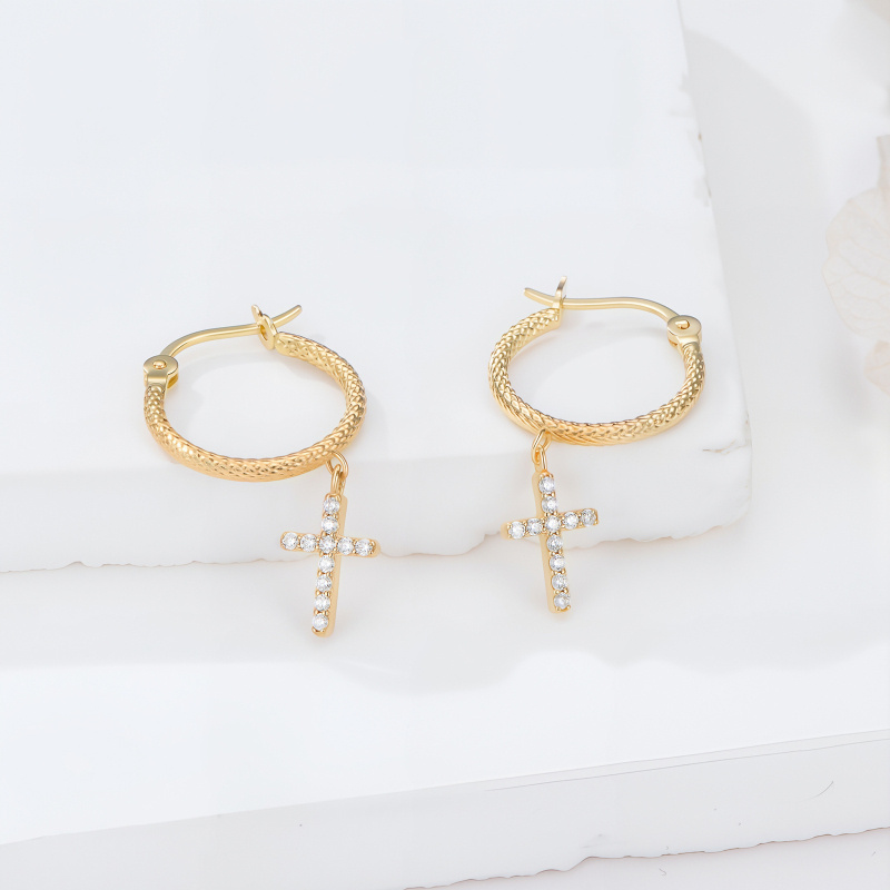 18K Gold Moissanite Cross Hoop Earrings-4