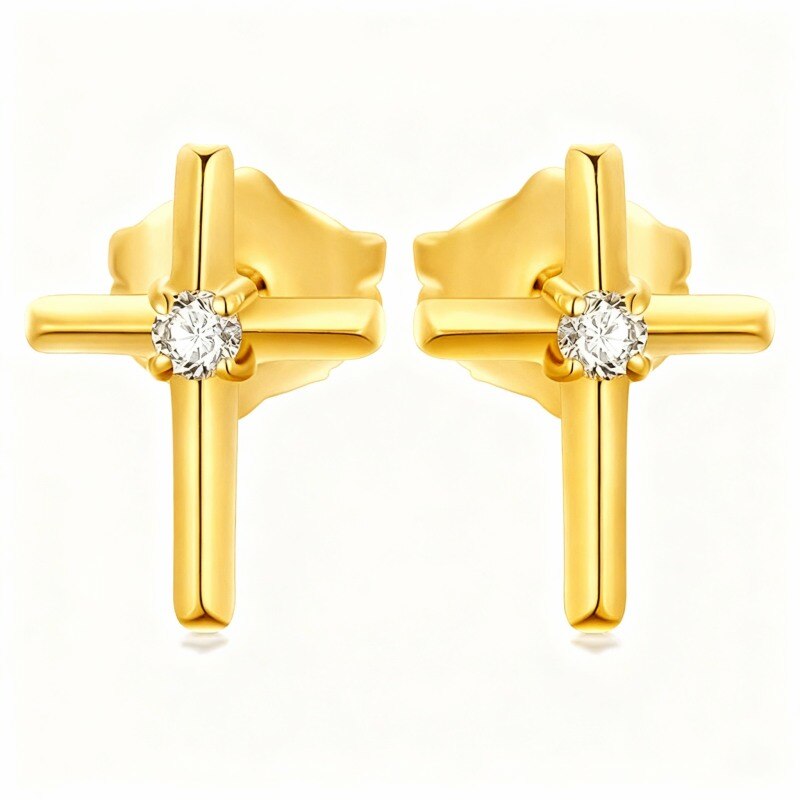Boucles d'oreilles puces en or 14 carats et moissanite en forme de croix-1