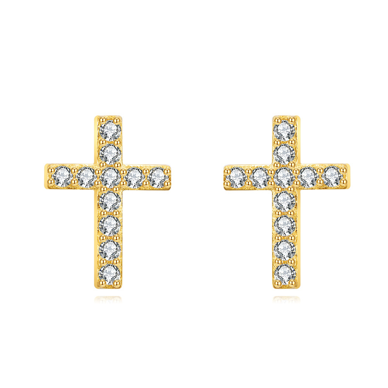 14 Karat Gold Moissanit Kreuz Ohrstecker-1