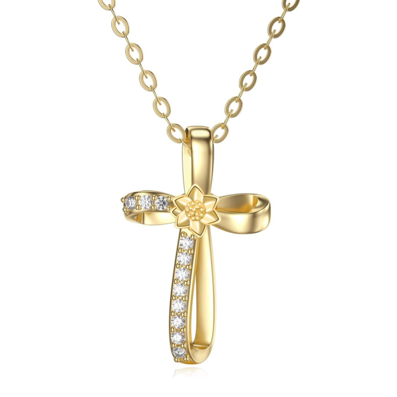 Halskette mit Anhänger aus 10-karätigem Gold, Moissanit, Gänseblümchen und Kreuz-1