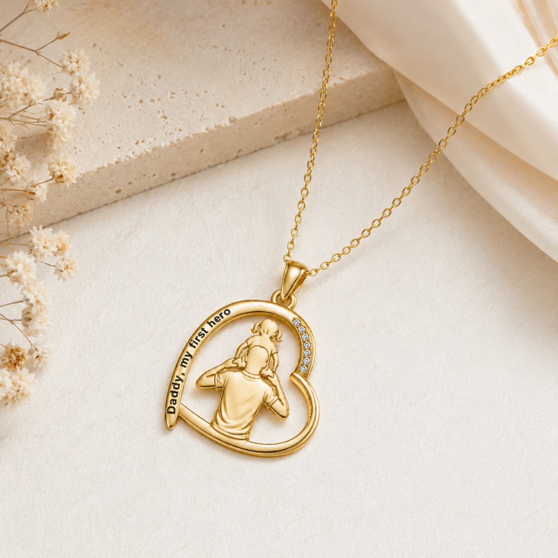 14K Gold Moissanite Father & Daughter & Heart Pendant Necklace-4