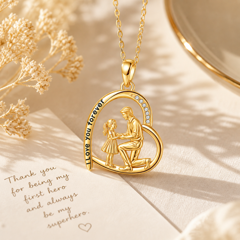 14K Gold Moissanite Father & Daughter & Heart Pendant Necklace-3