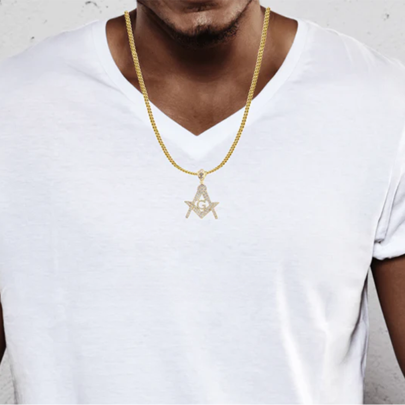 Collar con colgante masónico de moissanita en oro de 14 quilates para hombre-2
