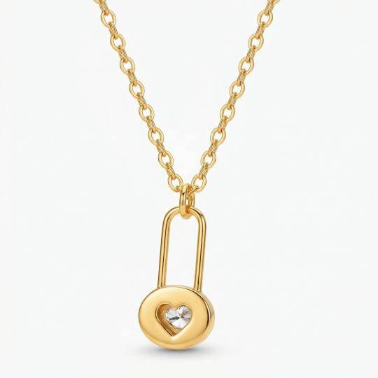 10K Gold Moissanite Heart & Lock Pendant Necklace
