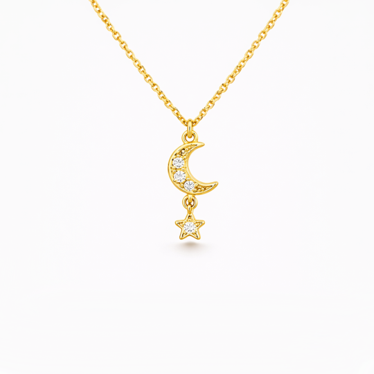 Colar com Pingente de Coração e Estrela em Ouro 10K com Moissanita