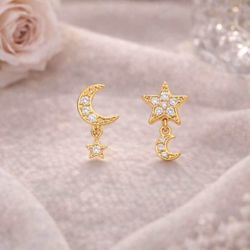 Pendientes de tachuelas de oro de 14 quilates con moissanita en forma de corazón y estrella-3