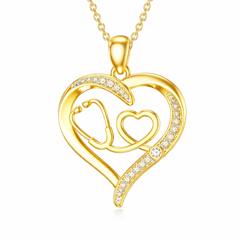 Collar con colgante de corazón y estetoscopio de moissanita en oro de 9 quilates-1