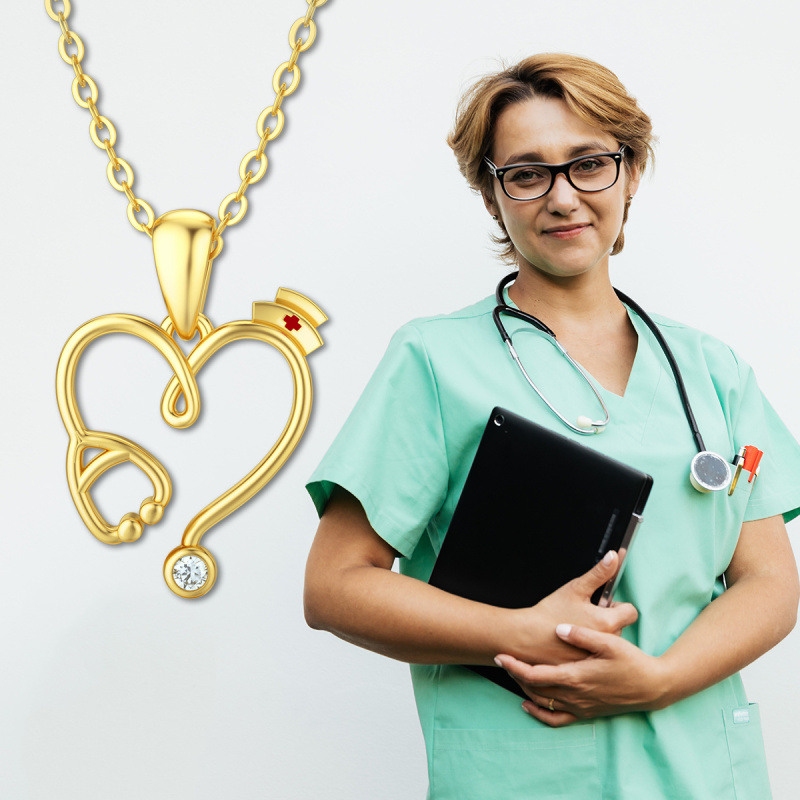 18K Gold Moissanite Heart & Stethoscope Pendant Necklace-6