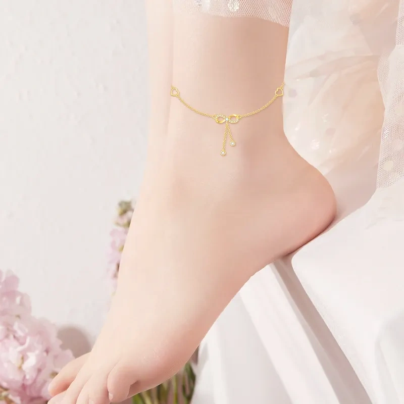14K Gold Moissanit Unendlichkeitssymbol Einlagiges Fußkettchen-2
