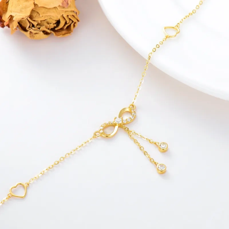 14K Gold Moissanit Unendlichkeitssymbol Einlagiges Fußkettchen-4
