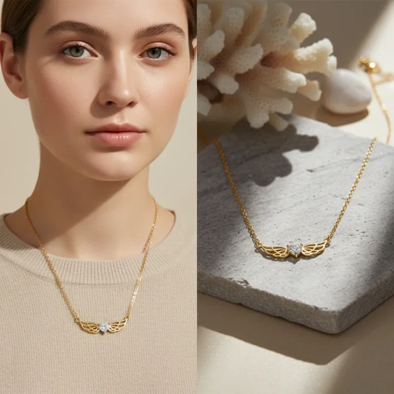 Collar con colgante de moissanita y alas de ángel en oro blanco de 10 quilates-3