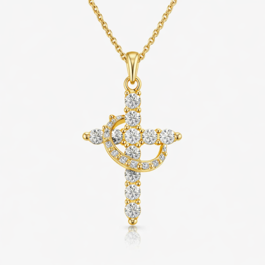 10K Gold Moissanite Moon &Women‘s Cross Necklace