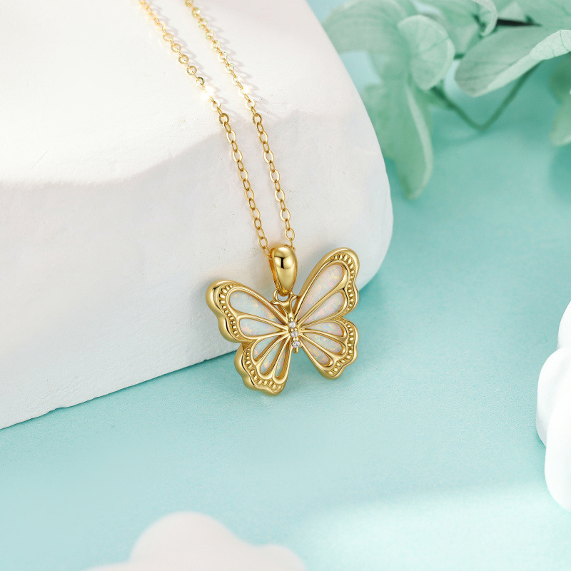 14K Gold Moissanite & Opal Butterfly Pendant Necklace-3