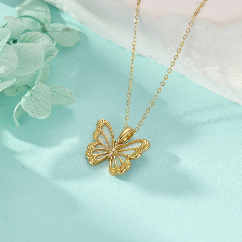 14K Gold Moissanite & Opal Butterfly Pendant Necklace-4