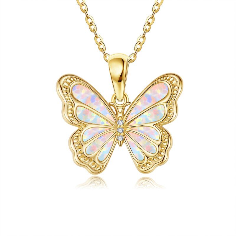 14K Gold Moissanite & Opal Butterfly Pendant Necklace-1