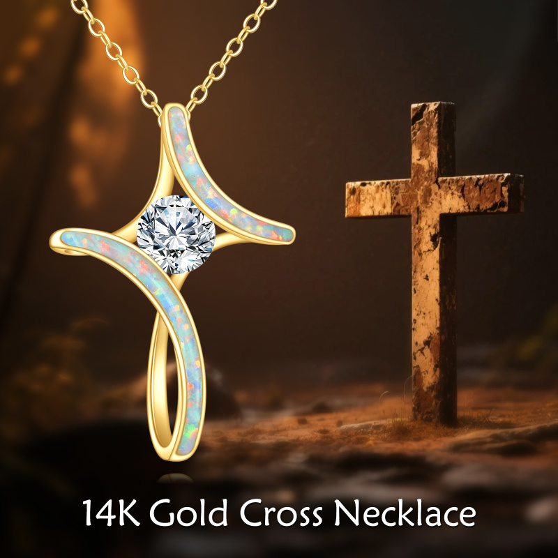 18K Gold Moissanite & Opal Cross Pendant Necklace-6
